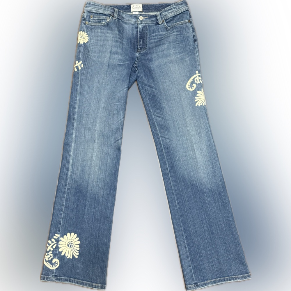 White House Black Market Blue Jeans with Cream Floral Accents